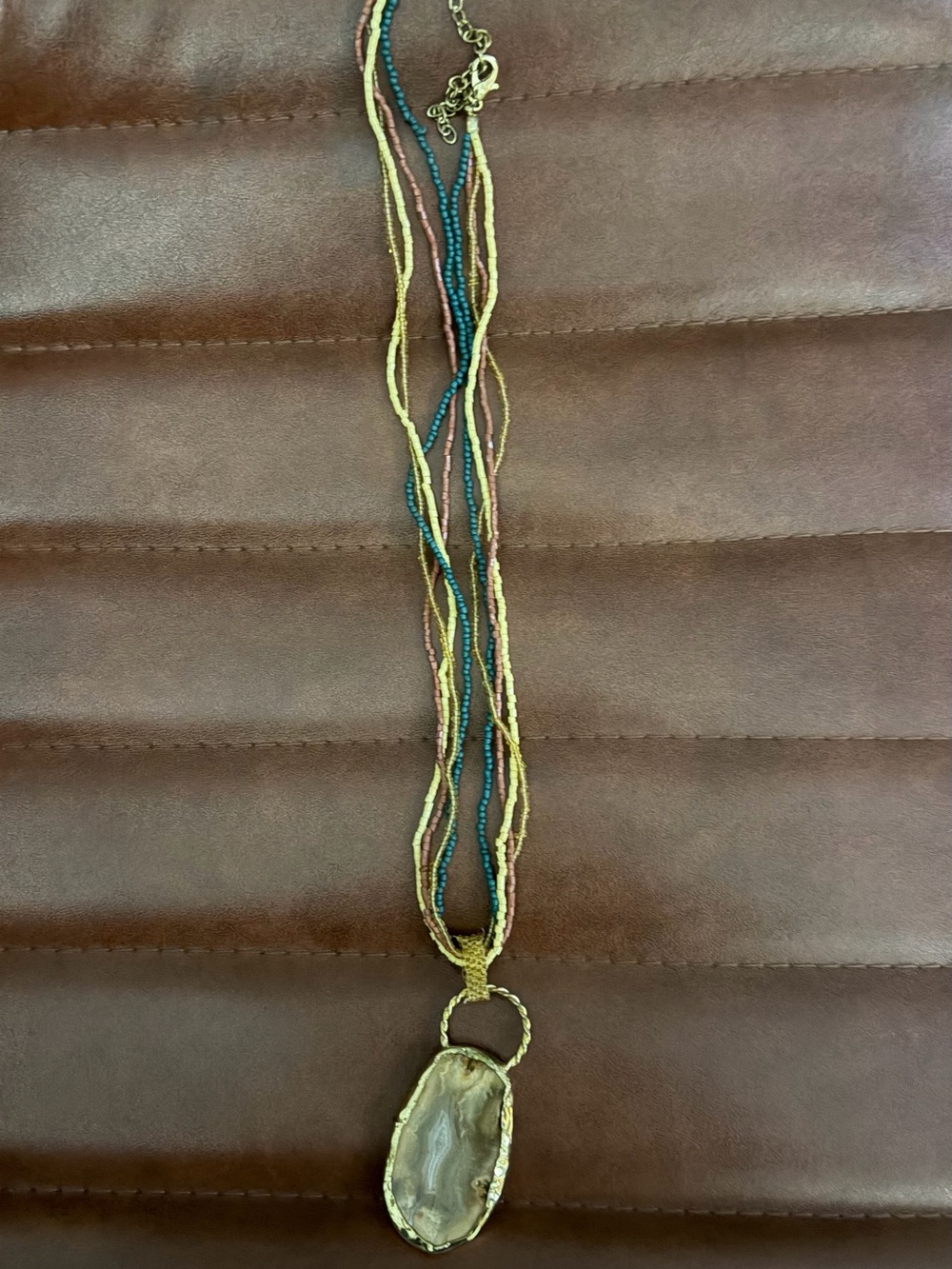 Myra Bag Teal, Yellow, Brown Multi-Strand Beaded Necklace with Agate Pendant